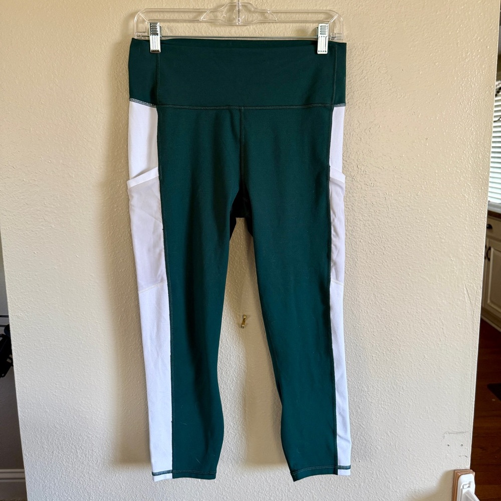 Fabletics PowerHold High-Waisted Capri Pocket Leggings, Green & White